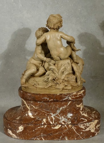 Putti au cygne - Sculpture en terre cuite sur socle en marbre - XIXe - 