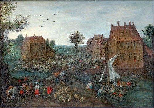 Scène de marché dans un village fluvial - Josef van Bredael - Antiquités Philippe Glédel