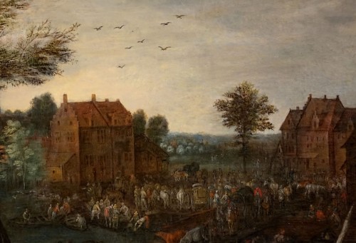 XVIIe siècle - Scène de marché dans un village fluvial - Josef van Bredael