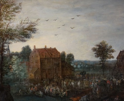 Scène de marché dans un village fluvial - Josef van Bredael - 