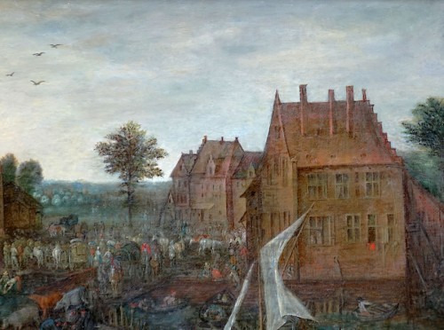  - Scène de marché dans un village fluvial - Josef van Bredael