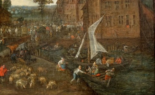 Antiquités - Scène de marché dans un village fluvial - Josef van Bredael
