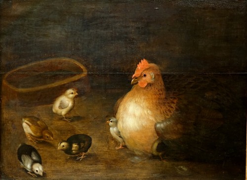 Poule et ses poussins - Ecole flamande XVIIe - Tableaux et dessins Style 