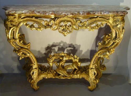 Table en console en bois doré d'époque Louis XV d'après Contant d'Ivry