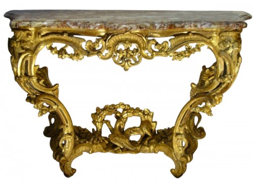 Table en console en bois doré d'époque Louis XV d'après Contant d'Ivry