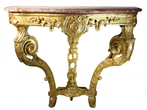 Console "à balancier" en bois sculpté et doré d'époque Régence