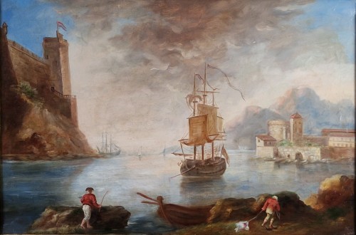 Tableaux et dessins Tableaux XIXe siècle - Le retour de la pêche au soleil couchant d’après Joseph Vernet