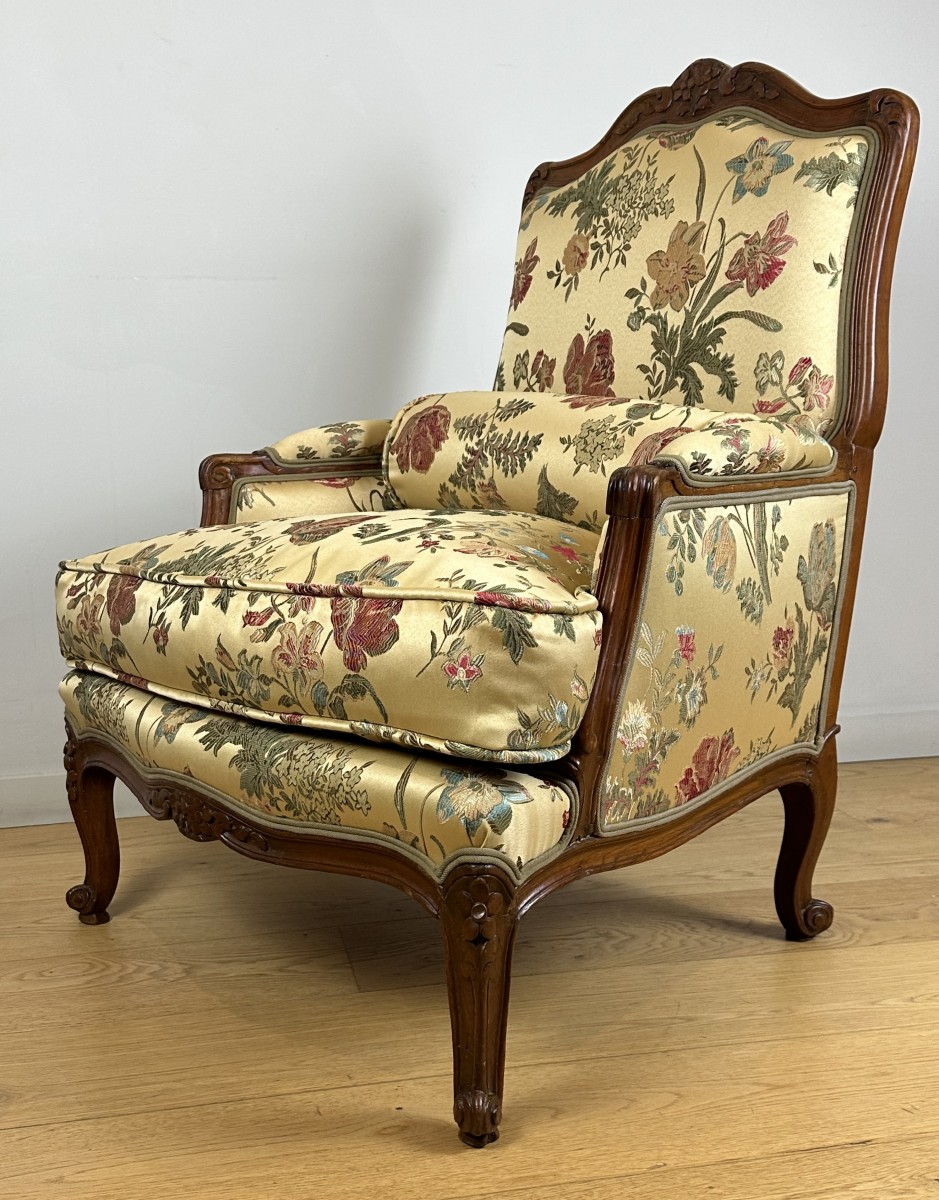 French Louis XV Bergere Chair + Vintage Damask Upholstery