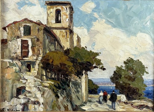 La vieille église de l’assomption de Gassin - Gustave Vidal (1895-1966) - Tableaux et dessins Style Art nouveau