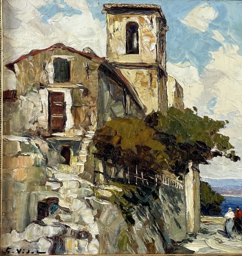 Tableaux et dessins Tableaux du XXe siècle - La vieille église de l’assomption de Gassin - Gustave Vidal (1895-1966)