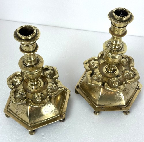 A Holy Roman Empire pair of bronze candlesticks, early 17th century - Lighting Style Louis XIII
