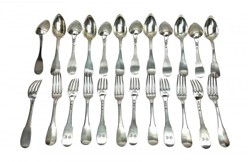 a Louis XVIII solid silver flatware sets  of twelve