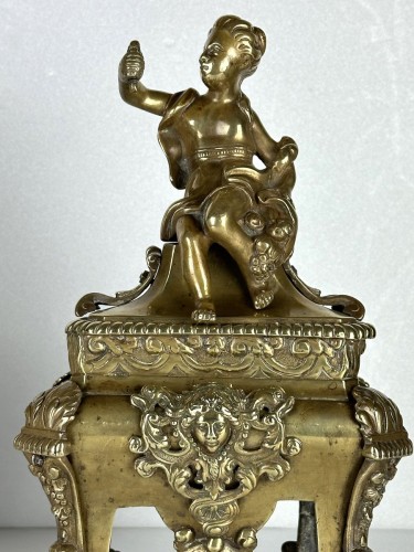 Antiquités - Paire de chenets en bronze doré, fin XVIIe début XVIIIe