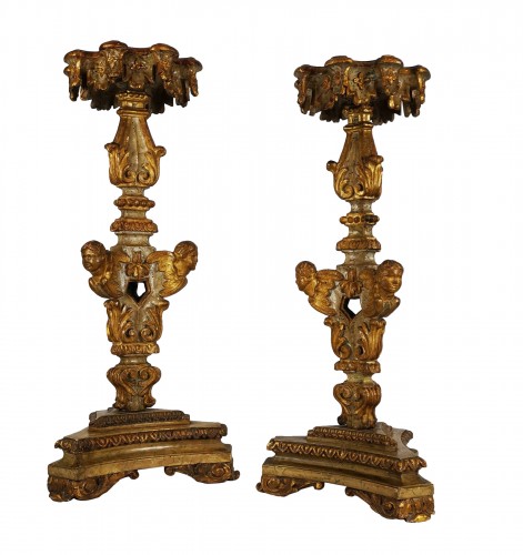 A Louis XIV pair of giltwood and laquered torchère table early 18th century