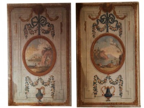 Pair of neoclassical painted canvases of woodwork late 18th early 19th 1800