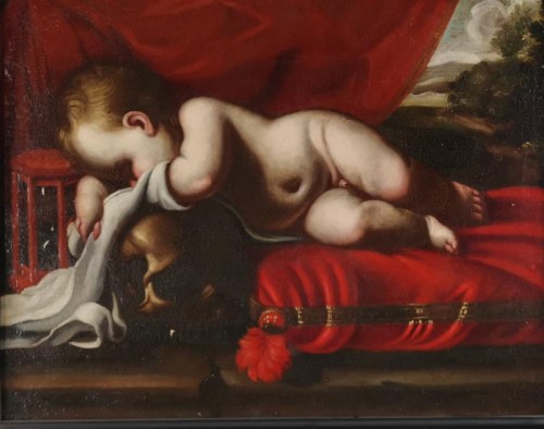 Putto endormi à la vanité, atelier de Luigi Miradori dit « Le Genovesino ». - Tableaux et dessins Style Louis XIV
