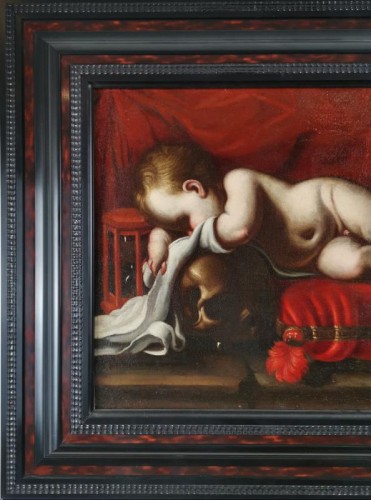 Tableaux et dessins Tableaux XVIIe siècle - Putto endormi à la vanité, atelier de Luigi Miradori dit « Le Genovesino ».
