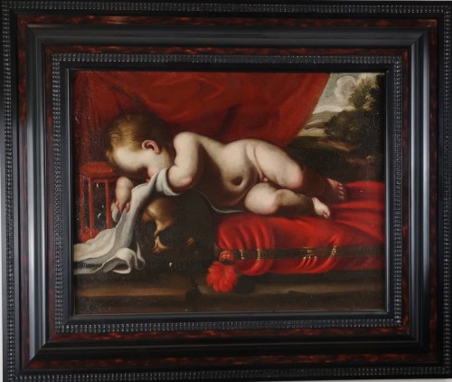Antiquités - Putto endormi à la vanité, atelier de Luigi Miradori dit « Le Genovesino ».