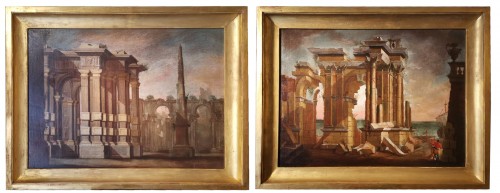 Pair of Architectural Caprices  workshop Alberto Carlieri (1672-c.1720).