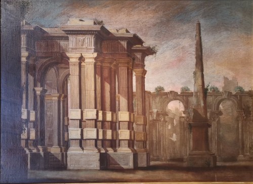 Pair of Architectural Caprices  workshop Alberto Carlieri (1672-c.1720). - 