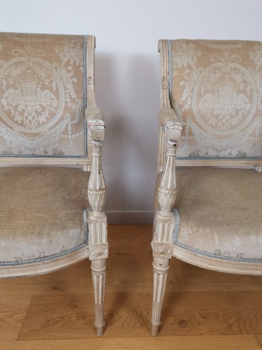 Pair of flat-backed armchairs, rolled Louis XVI stamped Roussens - 