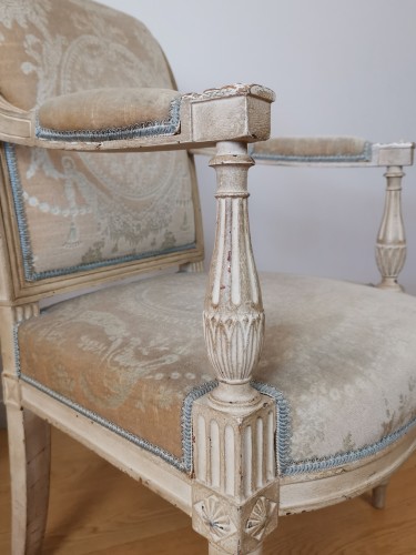 Louis XVI - Pair of flat-backed armchairs, rolled Louis XVI stamped Roussens