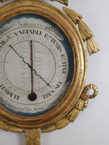 XVIIIe siècle - Baromètre-thermomètre Néo-classique aux attributs de mariage d'époque Louis XVI