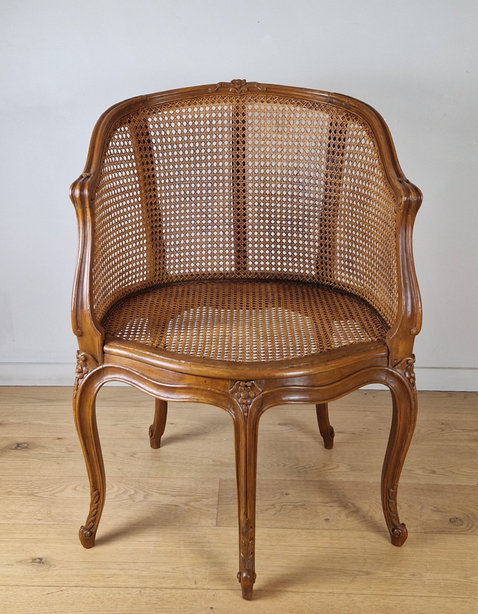 Mid-Century French Louis XV Carved Cane Desk Armchair with Leather