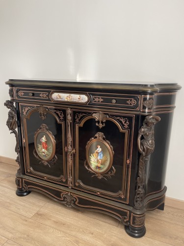 Mobilier Buffet - Meuble d'appui Napoléon III avec plaques de porcelaine