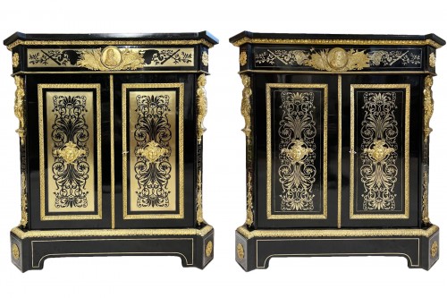 Paire de meubles d'appui en marqueterie Boulle signés Alphonse Giroux et Befort