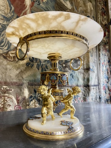 Objet de décoration Cassolettes, coupe et vase - Centre de table en bronze doré, cloisonné et onyx, travail parisien vers 1880