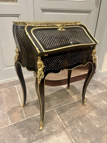 Bureau de pente Napoléon III en marqueterie à la Reine - Mobilier Style Napoléon III