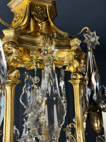 Lustre de forme pagode en bronze doré cristal attribué à Henri vian - Napoléon III