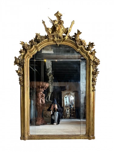 Napoleon III period gilded wood mantel mirror with hunting &quot;stag&quot; décor