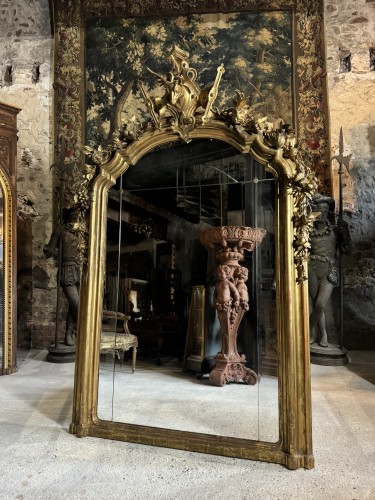 Napoleon III period gilded wood mantel mirror with hunting &quot;stag&quot; décor - Mirrors, Trumeau Style Napoléon III