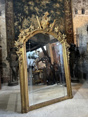 Mirrors, Trumeau  - Napoleon III period gilded wood mantel mirror with hunting &quot;stag&quot; décor