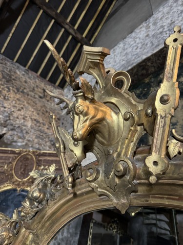 19th century - Napoleon III period gilded wood mantel mirror with hunting &quot;stag&quot; décor