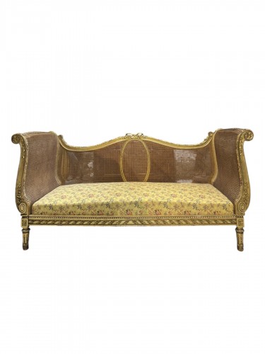 Banquette Napoléon III en bois doré et cannage  