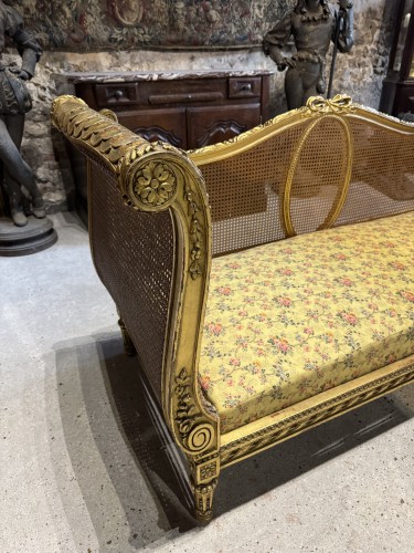 Banquette Napoléon III en bois doré et cannage   - Antiquités Simon