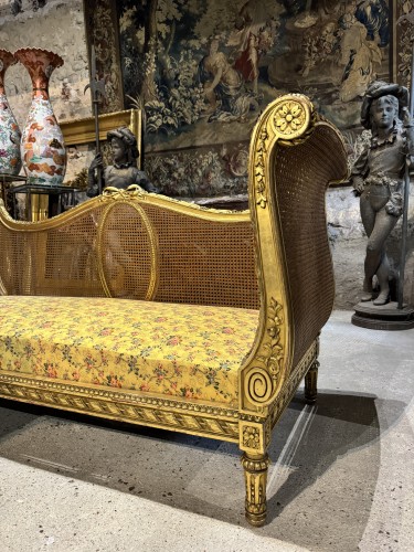 Antiquités - Banquette Napoléon III en bois doré et cannage  