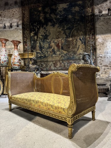 Antiquités - Banquette Napoléon III en bois doré et cannage  