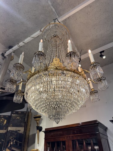 Antiquités - Lustre d’époque Empire en cristal et bronze doré