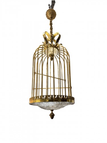 Lustre cage en cristal et bronze attribué à Baccarat