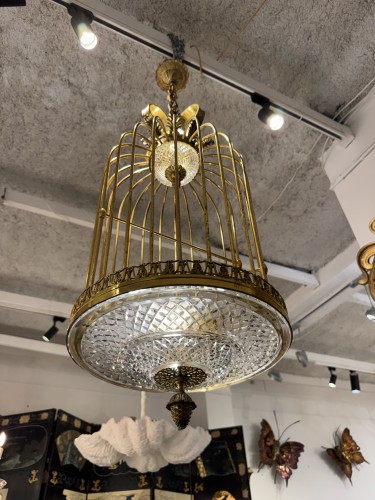 Luminaires Lustre - Lustre cage en cristal et bronze attribué à Baccarat