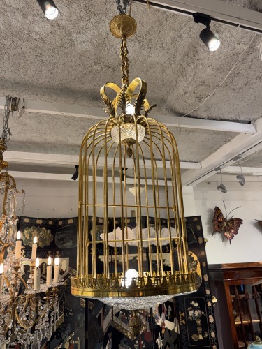 Lustre cage en cristal et bronze attribué à Baccarat - Antiquités Simon