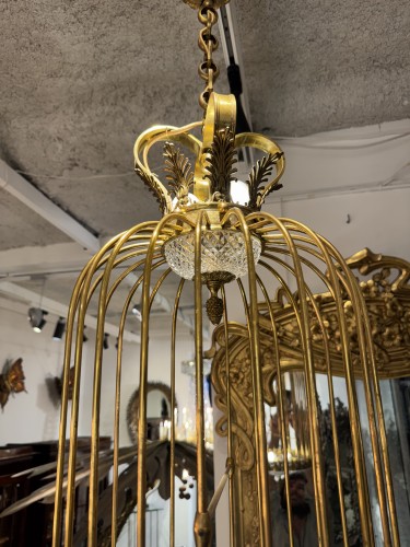 Lustre cage en cristal et bronze attribué à Baccarat - Art nouveau