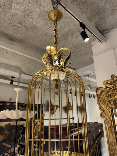 Art nouveau - Lustre cage en cristal et bronze attribué à Baccarat