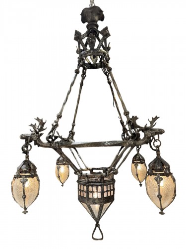 Lustre en fer forgé d’époque Art Déco aux Élans