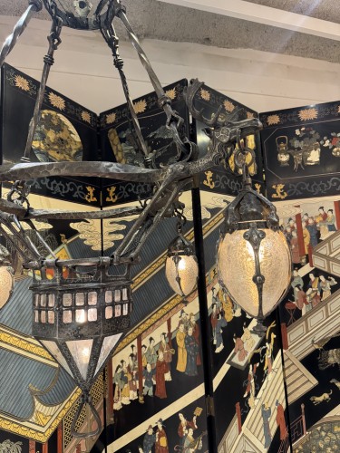 Luminaires Lustre - Lustre en fer forgé d’époque Art Déco aux Élans