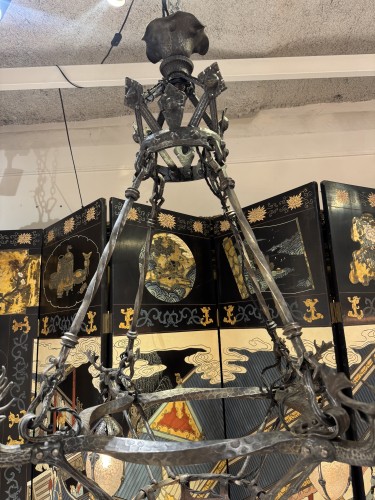 Lustre en fer forgé d’époque Art Déco aux Élans - Années 50-60